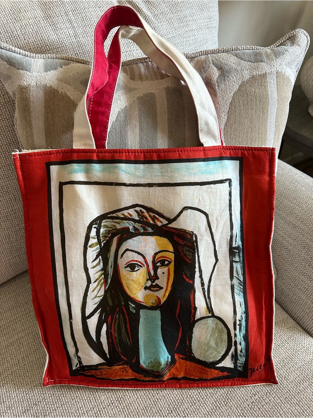 Grande Masters Canvas Art Tote Bag in Red with Picasso Portrait Print
